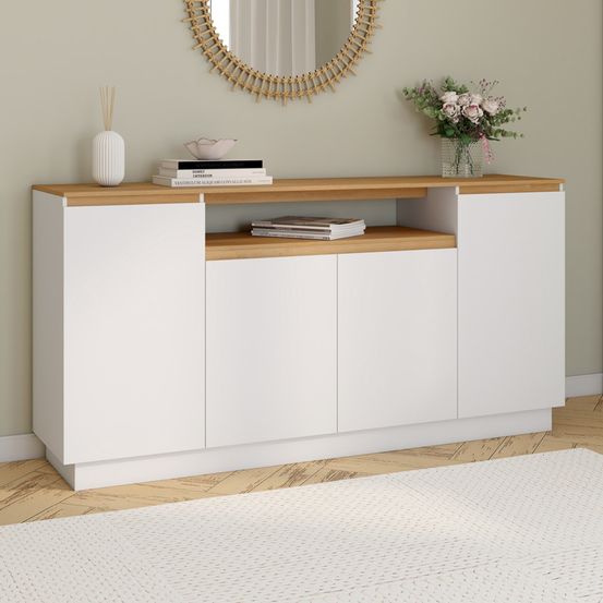 Buffet 160 cm serena 4 portes avec niche centrale blanc et plateau effet bois