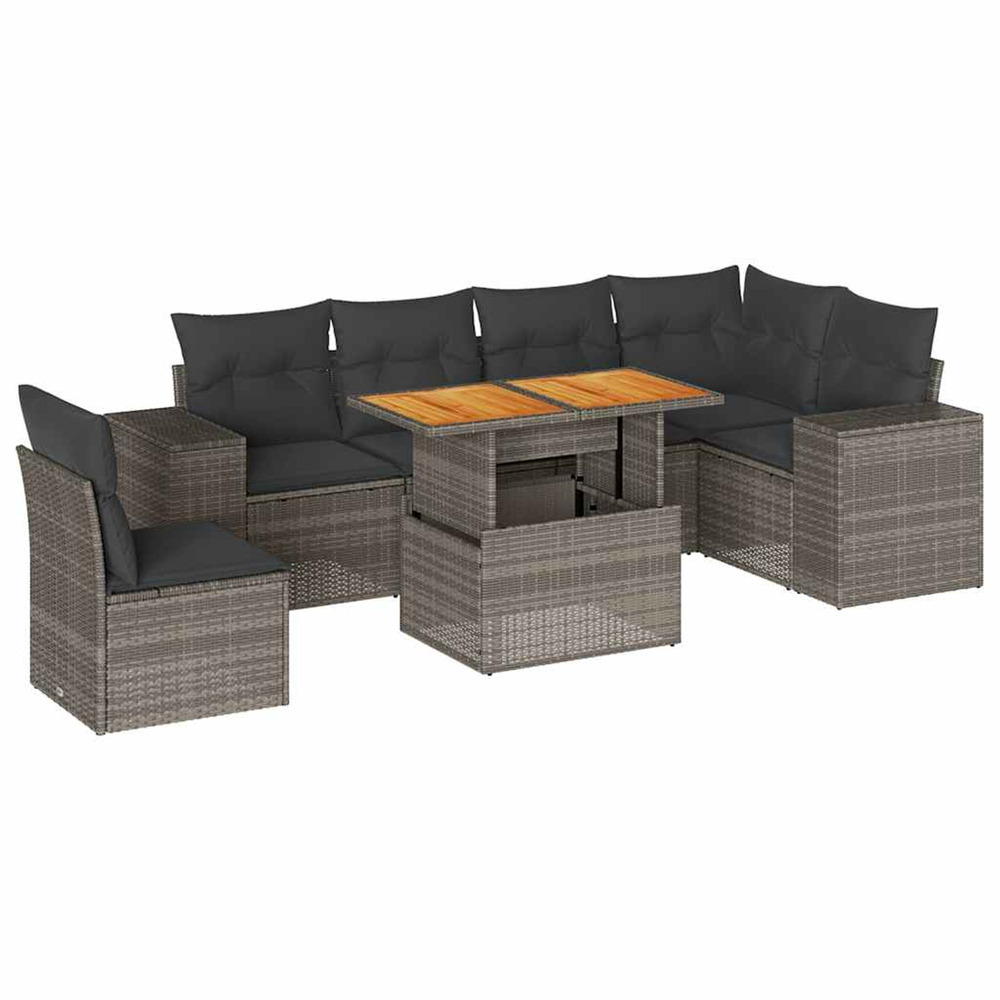 Salon de jardin avec coussins 7 pcs gris résine tressée