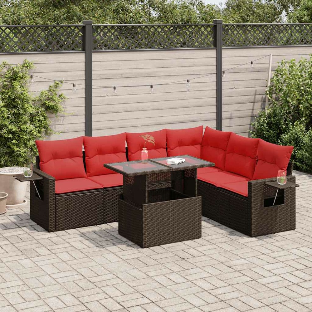 Salon de jardin avec coussins 7 pcs marron résine tressée acacia