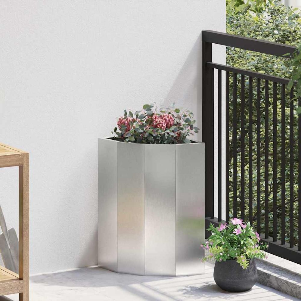 Jardinière d'angle inox pour balcon et terrasse argent 30x30x50 cm