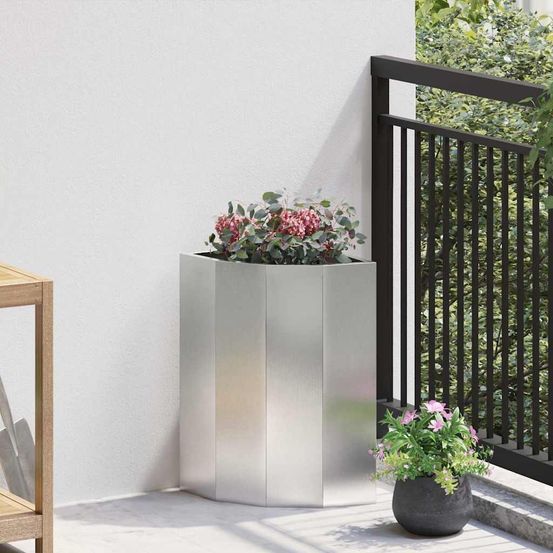 Jardinière d'angle inox pour balcon et terrasse argent 30x30x50 cm