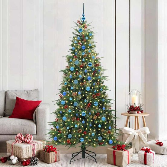 Sapin de noël géant 210 cm facile à monter, inclus 120 boules et éclairage led usb