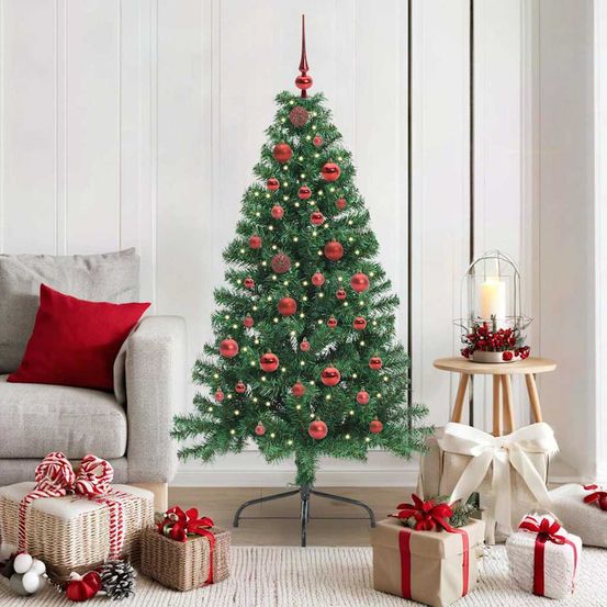 Sapin de noël design lumineux 150 cm, forme conique avec guirlande led et décorations