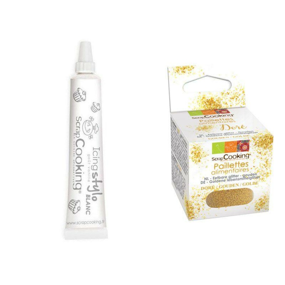 Stylo glaçage blanc goût vanille + paillettes dorées
