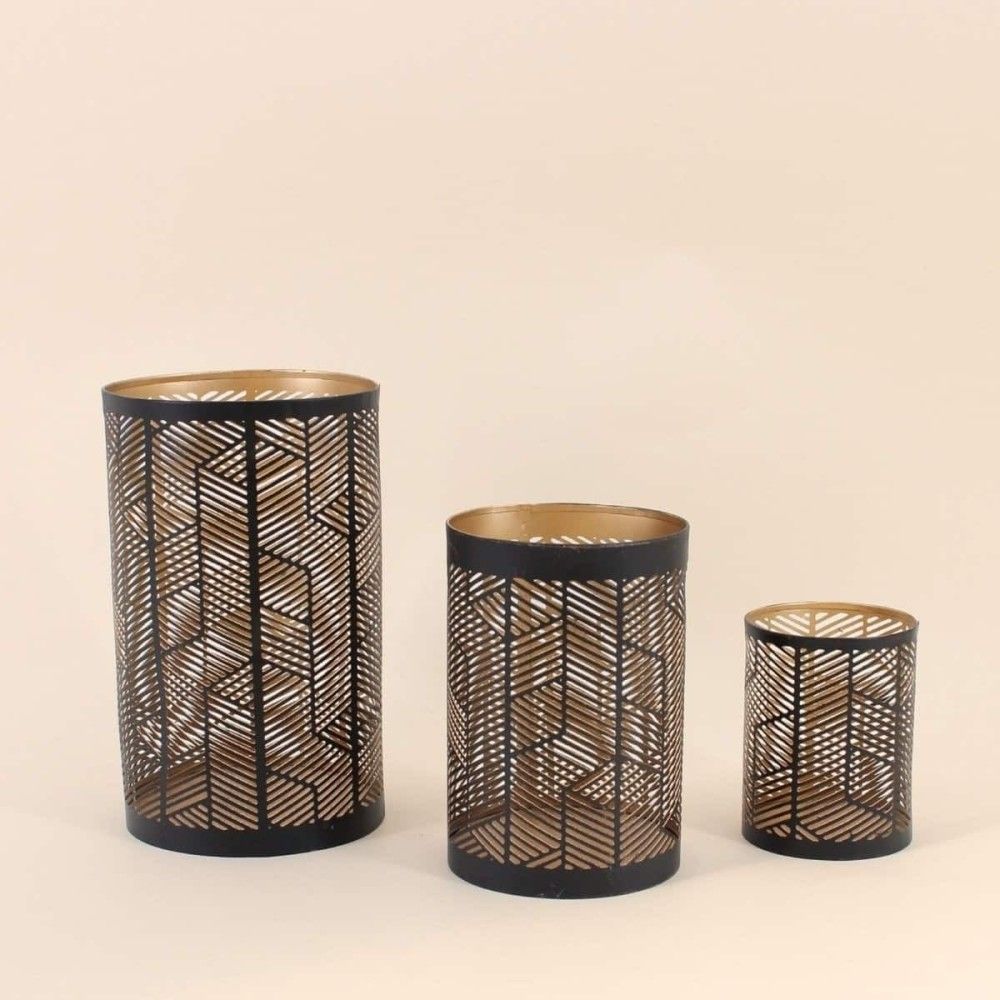 Set de 3 lanternes découpe ajourée géométrique noir & or