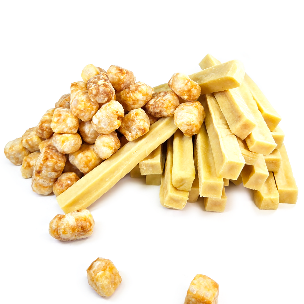 Family Box Duo : 24 Cheese Bones Small (1kg) + 300g de Croustillants au fromage, Friandises pour petit chien (5-9kg)