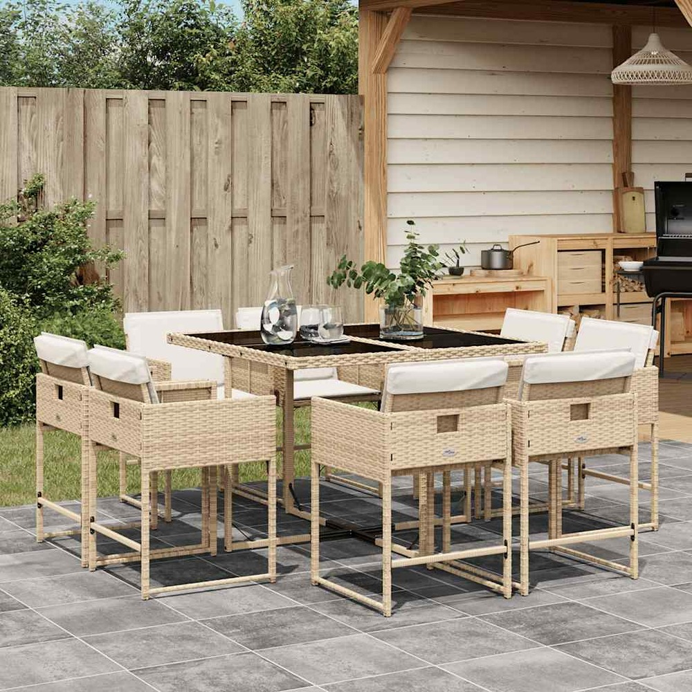 Ensemble à manger de jardin et coussins 9 pcs beige poly rotin