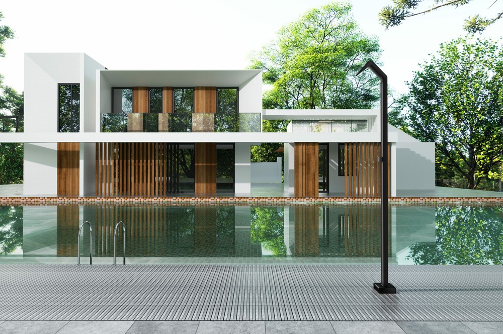 Douche de piscine en inox 316 noir avec diffuseur a cascade et robinet 2 voies