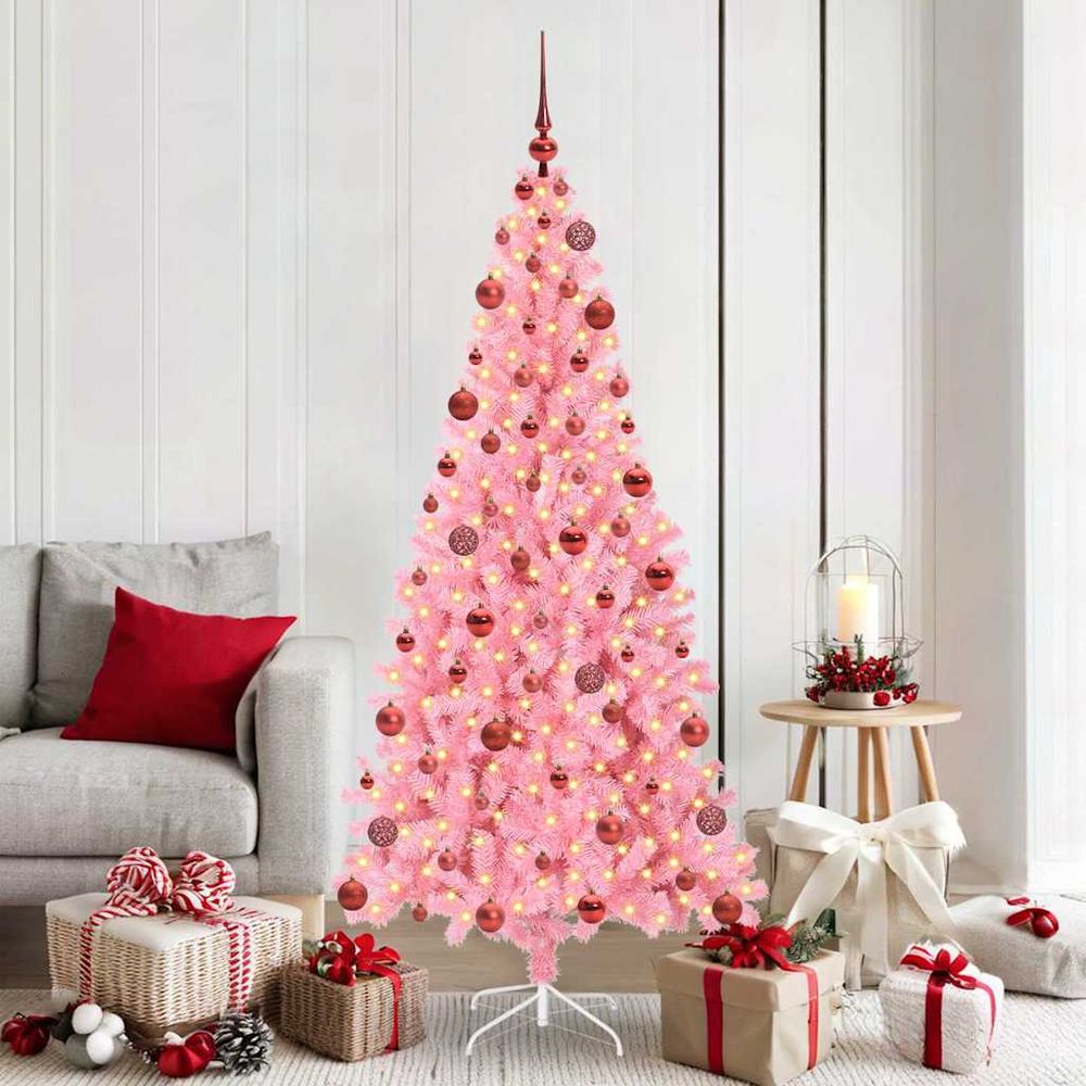 Sapin de noël lumineux rose 180 cm, pack tout-en-un avec 120 boules et cimier