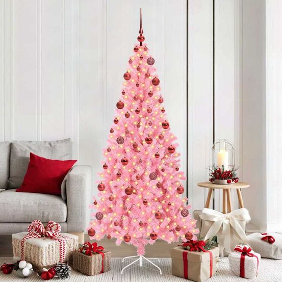 Sapin de noël lumineux rose 180 cm, pack tout-en-un avec 120 boules et cimier