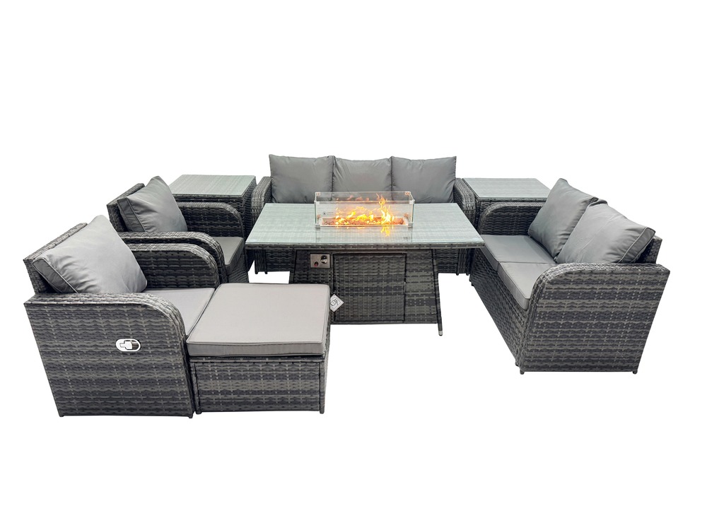 8 places salon de jardin exterieur table de foyer à gaz et canapé fauteuil avec 2 tables d'appoint grand tabouret