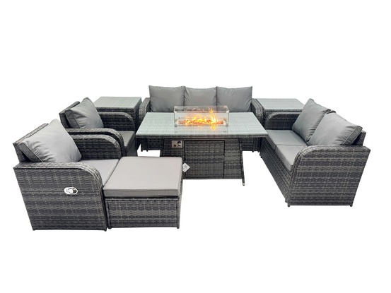 8 places salon de jardin exterieur table de foyer à gaz et canapé fauteuil avec 2 tables d'appoint grand tabouret