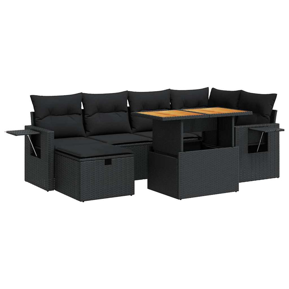 Salon de jardin avec coussins 8 pcs noir résine tressée acacia