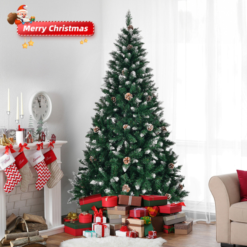 Sapin de noël en pvc, de 183 cm de haut, peint en vert et blanc, avec 800 branches ornées de pommes de pin.