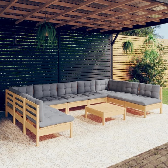 Salon de jardin 10 pcs avec coussins gris bois de pin massif