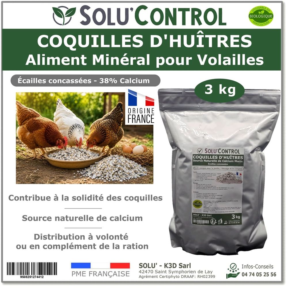 3 kg écailles de coquilles d'huîtres pour volailles (poules, oies, ...) - solu'control - aliment minéral naturel, 38% calcium
