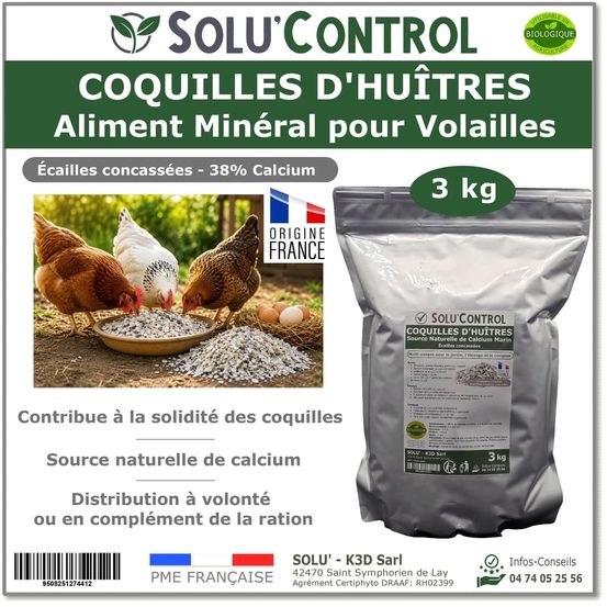 3 kg écailles de coquilles d'huîtres pour volailles (poules, oies, ...) - solu'control - aliment minéral naturel, 38% calcium