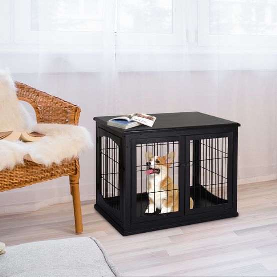 Cage chien intérieur meuble bois mdf métal table d'appoint 2 portes 81x58x66cm noir