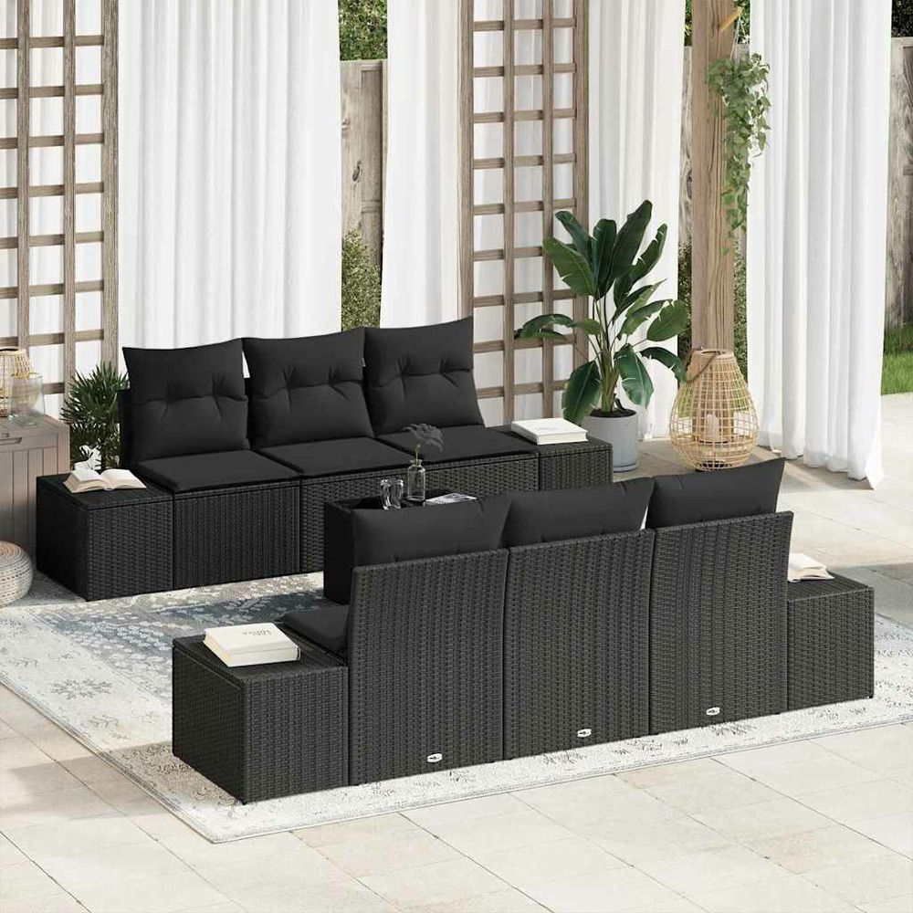 Ensemble de canapé de jardin avec coussin 7 pcs noir polyrotin