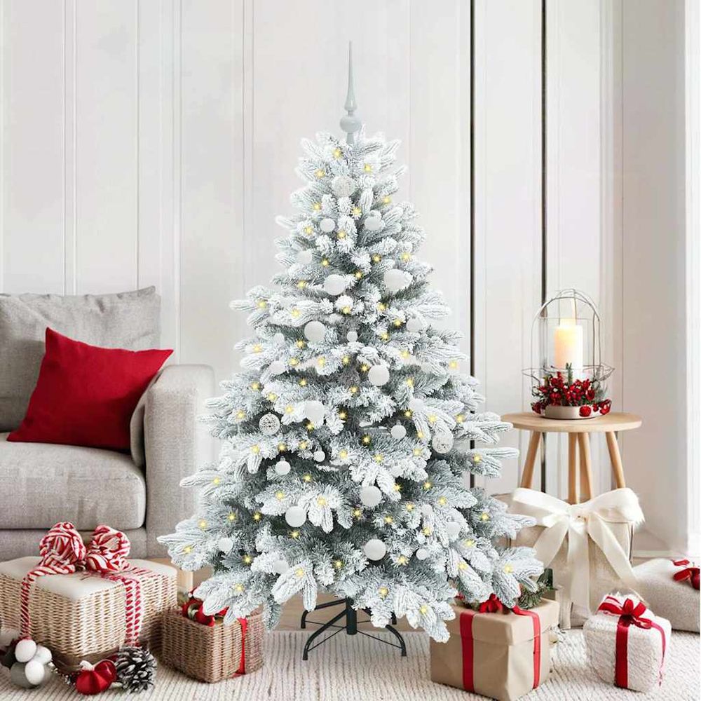 Sapin de noël artificiel réaliste 150 cm, kit complet avec 150 led blanc chaud et 61 boules