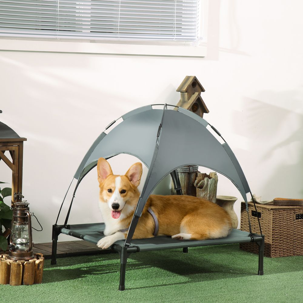 Lit surélevé pour chien métal oxford 76 x 61 x 73 cm gris noir extérieur jardin avec toit anti-uv respirant
