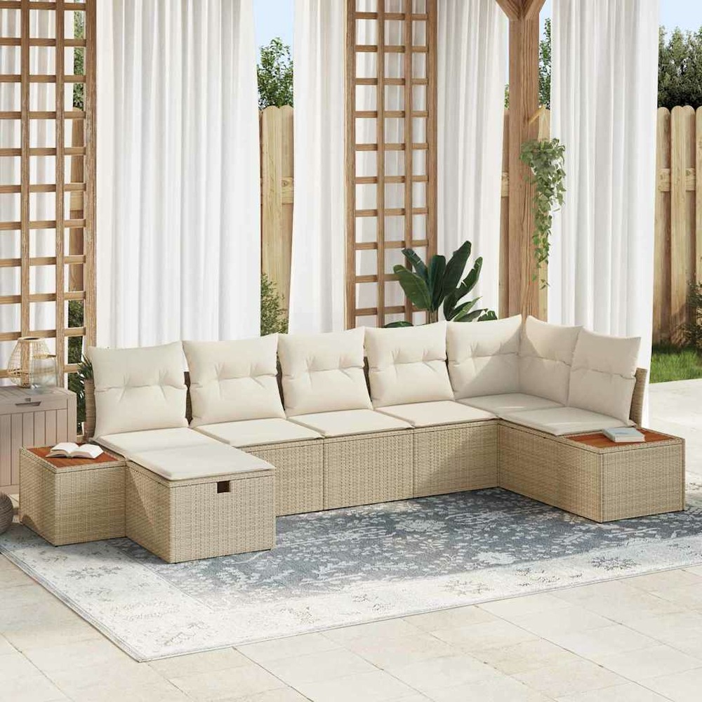 Ensemble de canapé de jardin avec coussin 7 pcs beige polyrotin