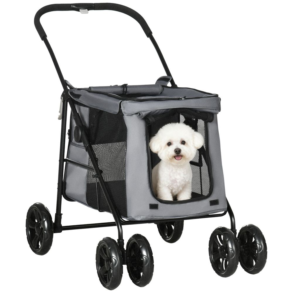 Poussette pliable pour chien chat 4 roues 3 pochettes rangement coussin acier oxford gris