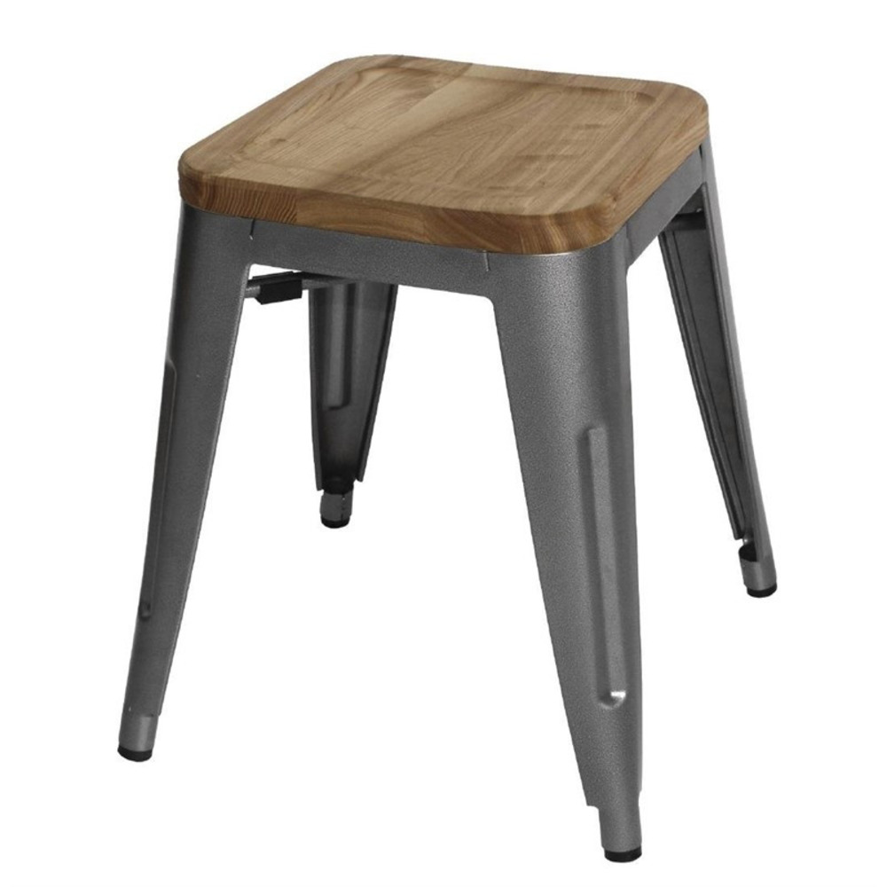 Tabourets bistro bas en acier gris métal avec assise en bois - lot de 4 - bolero