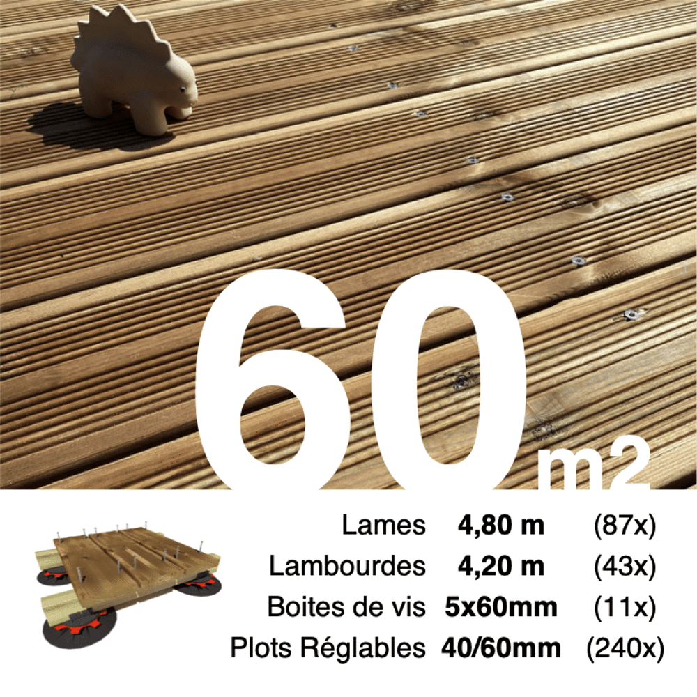 Kit complet terrasse pin autoclave marron pour 60 m², lames 4,8 m, lambourdes 4,2 m, plots réglables et visserie inox.
