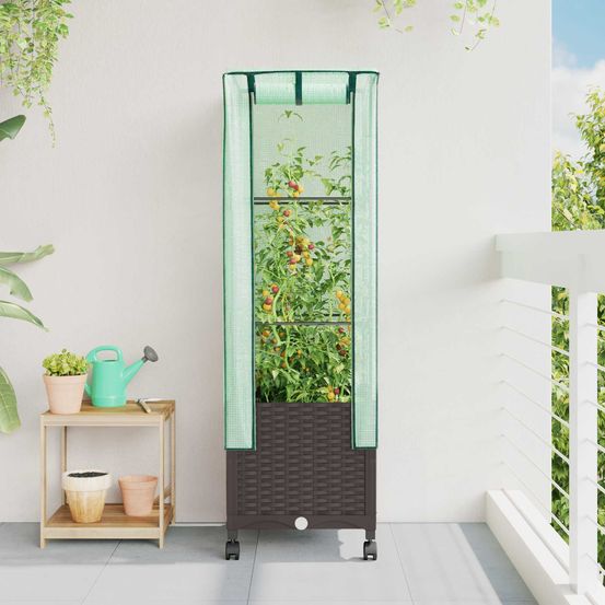 Jardinière imitation rotin polypropylène terrasse avec couverture serre roues marron