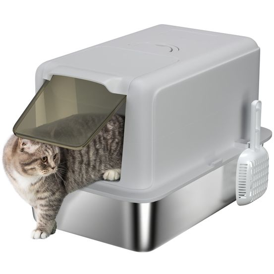 Maison de toilette acier inoxydable chats hygiène anti-odeur 40x60x41cm gris