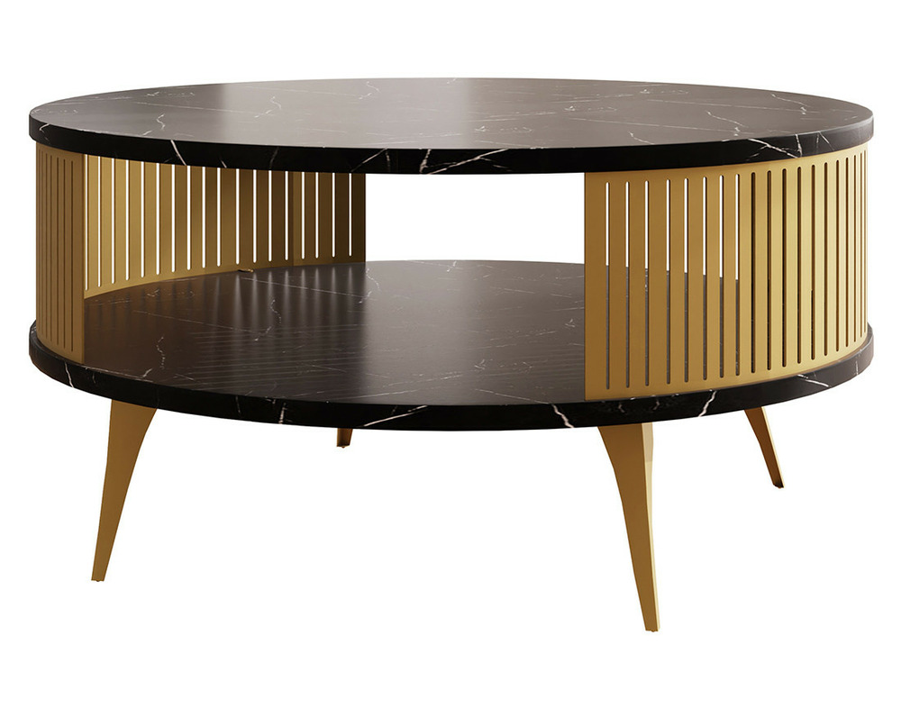 Forini - table basse ronde - effet marbre noir et doré - 1 niche - 75 cm