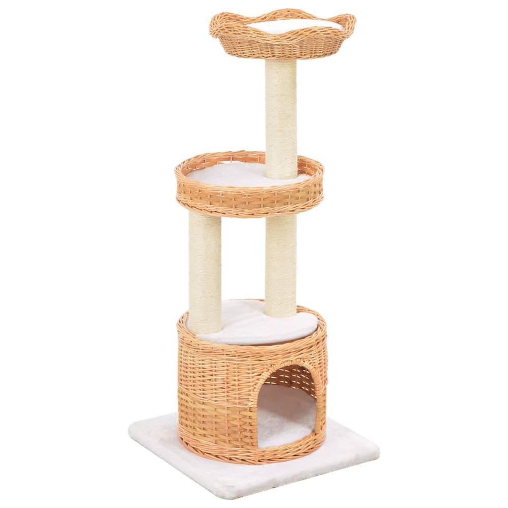 Arbre à chat 94 cm en bois de saule avec niche 2 paniers et griffoir sisal