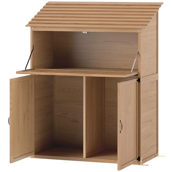 Armoire de jardin en bois, abri étanche, toit monopente étagé, table rabattable, double porte 110×54×136 cm, bois naturel