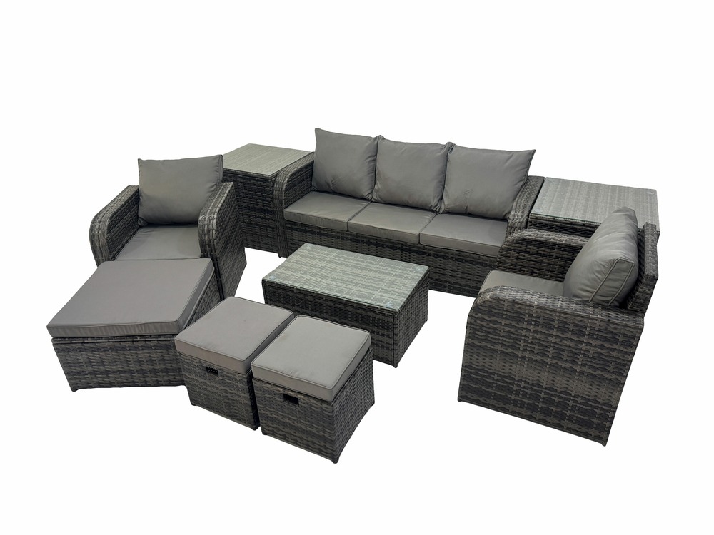 Salon de jardin avec table basse rectangulaire 3 tabourets canapé 3 places 2 tables d'appoint gris foncé mixte