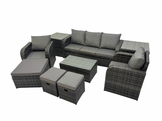 Salon de jardin avec table basse rectangulaire 3 tabourets canapé 3 places 2 tables d'appoint gris foncé mixte