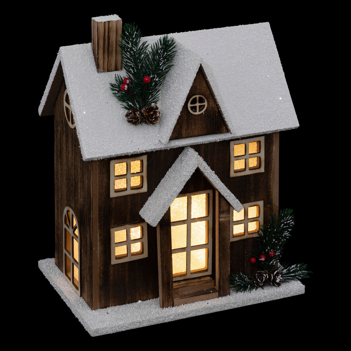 Déco lumineuse maison enneigée en bois led blanc chaud h 33 cm