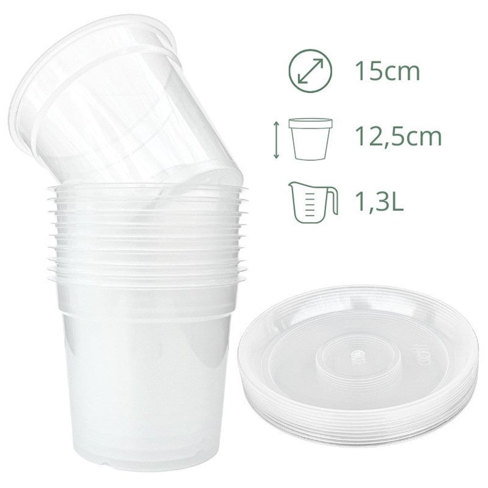 Lot x10 pots transparents - pot de 15cm - pots avec soucoupes adaptées