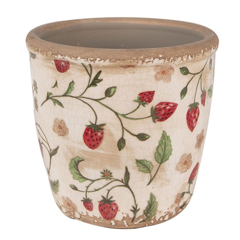 Pot de fleurs fraises beige rouge céramique 14x13x13cm