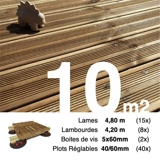 Kit complet terrasse pin autoclave marron pour 10 m², lames 4,8 m, lambourdes 4,2 m, plots réglables et visserie inox.