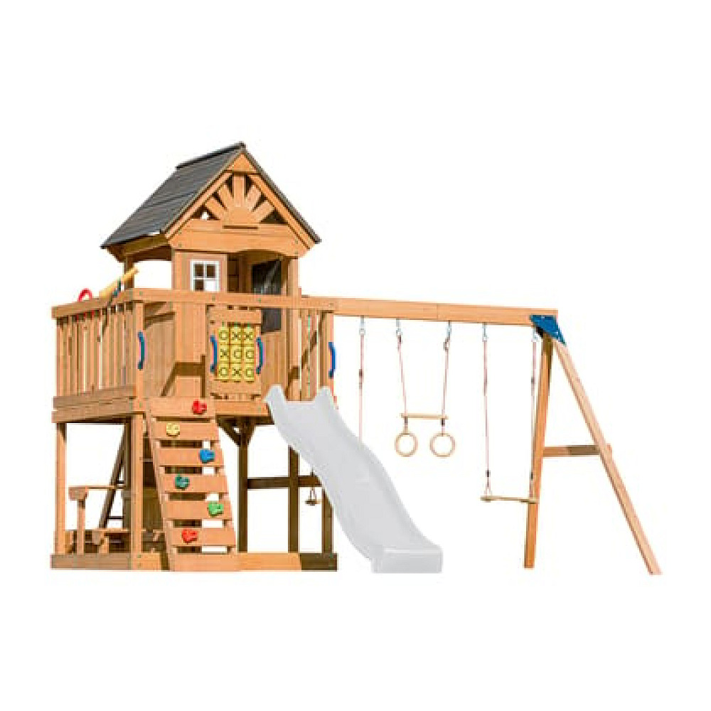 Tour jack plateforme 2 balançoires table toboggan blanc