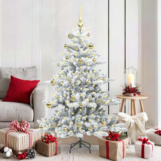 Sapin de noël moderne blanc 150 cm, décoration complète avec 150 led usb et boules