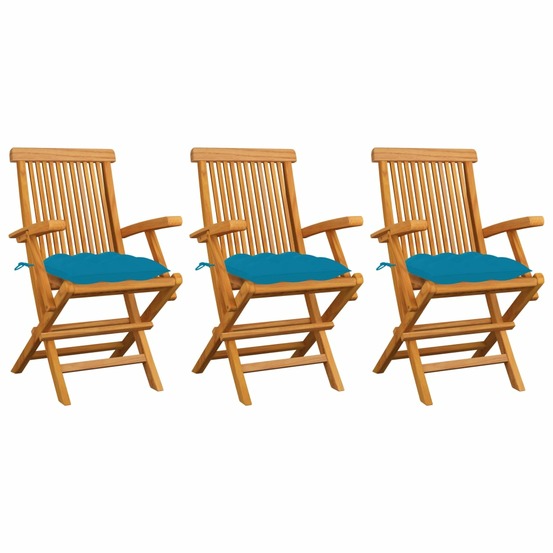 Chaises de jardin avec coussins bleu clair lot de 3 teck massif