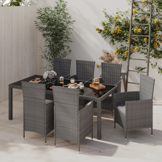Salon de jardin 7 pcs avec coussins résine tressée gris