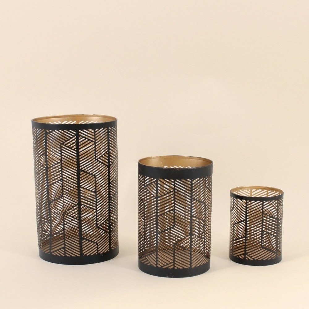 Set de 3 lanternes découpe ajourée géométrique noir & or