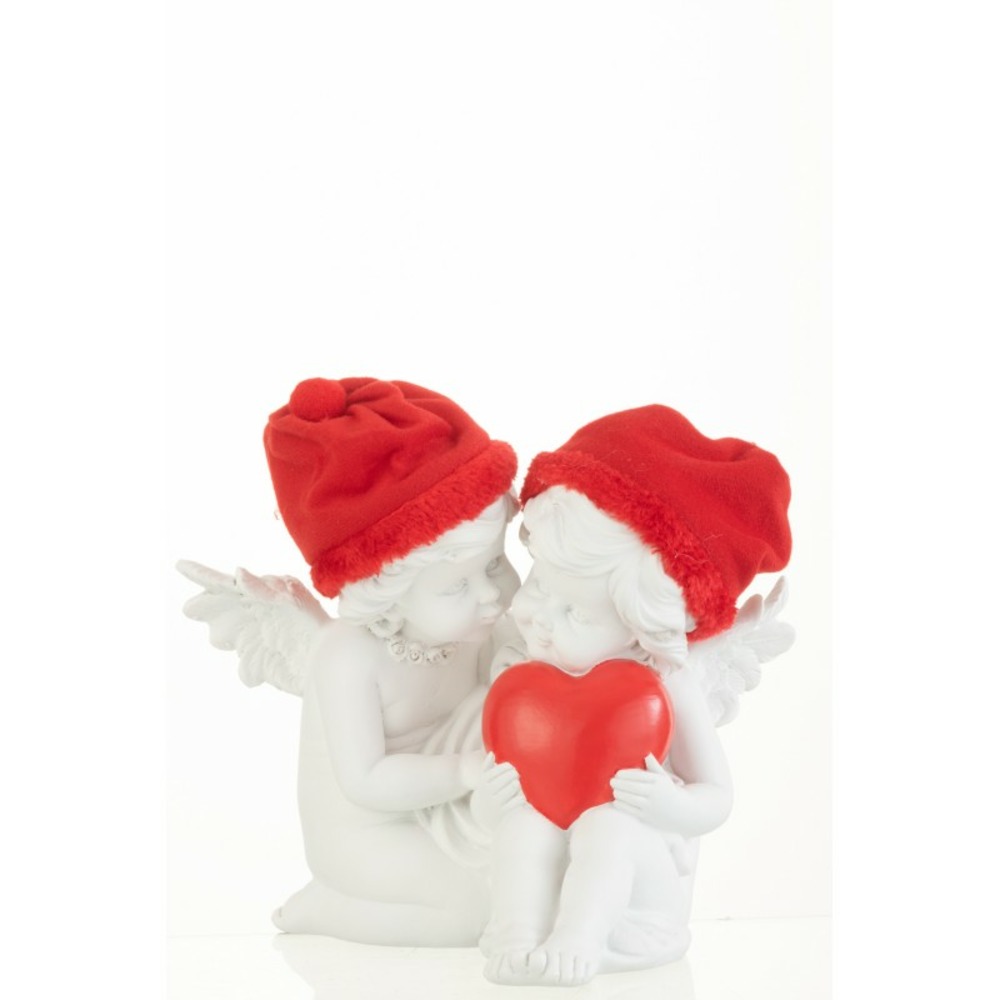 2 anges assis avec coeur rouge en résine blanche 18.1x13x21 cm h18.5