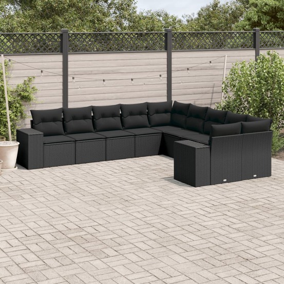Salon de jardin 10 pcs avec coussins noir résine tressée