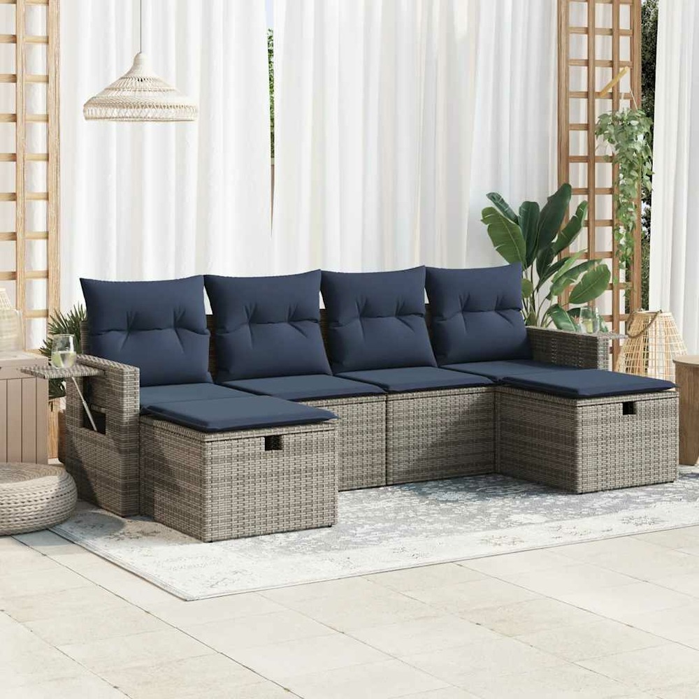 Salon de jardin 6 pcs avec coussins gris résine tressée