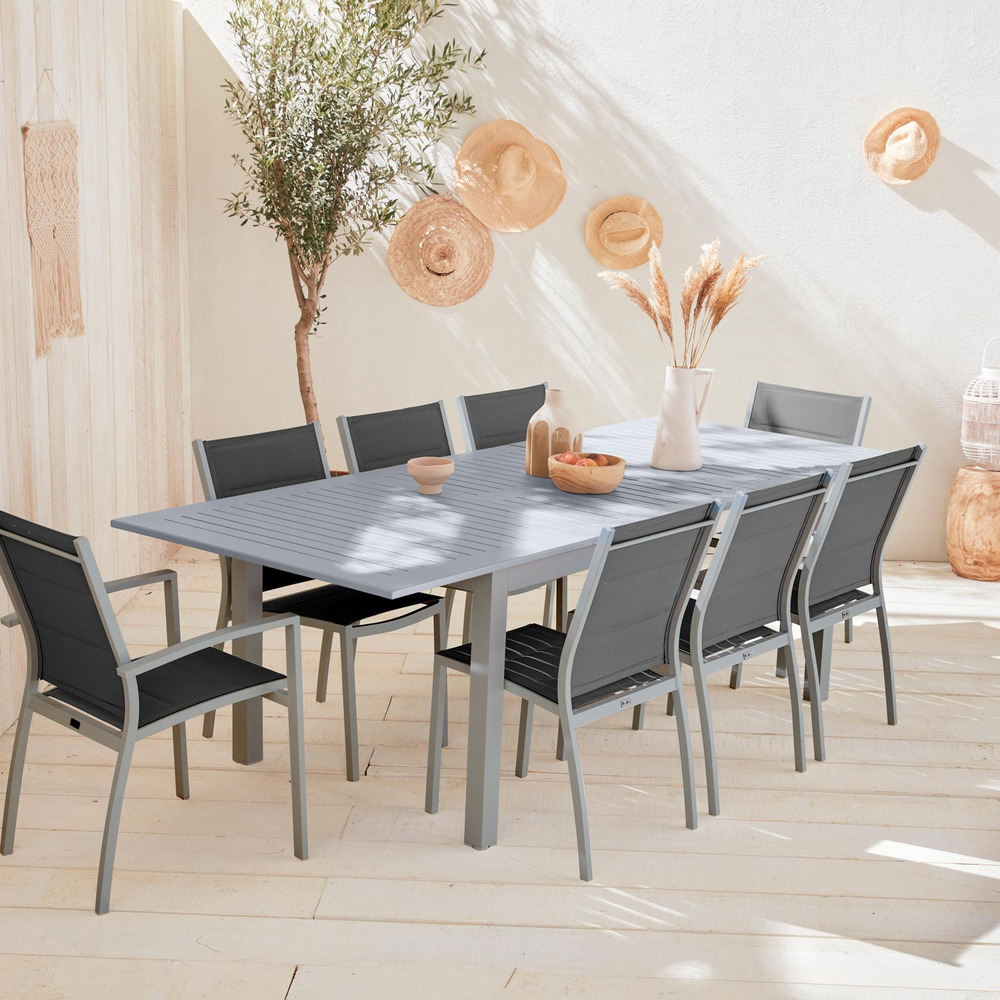 Salon de jardin table extensible - chicago gris - table en aluminium 175/245cm avec rallonge et 8 assises en textilène