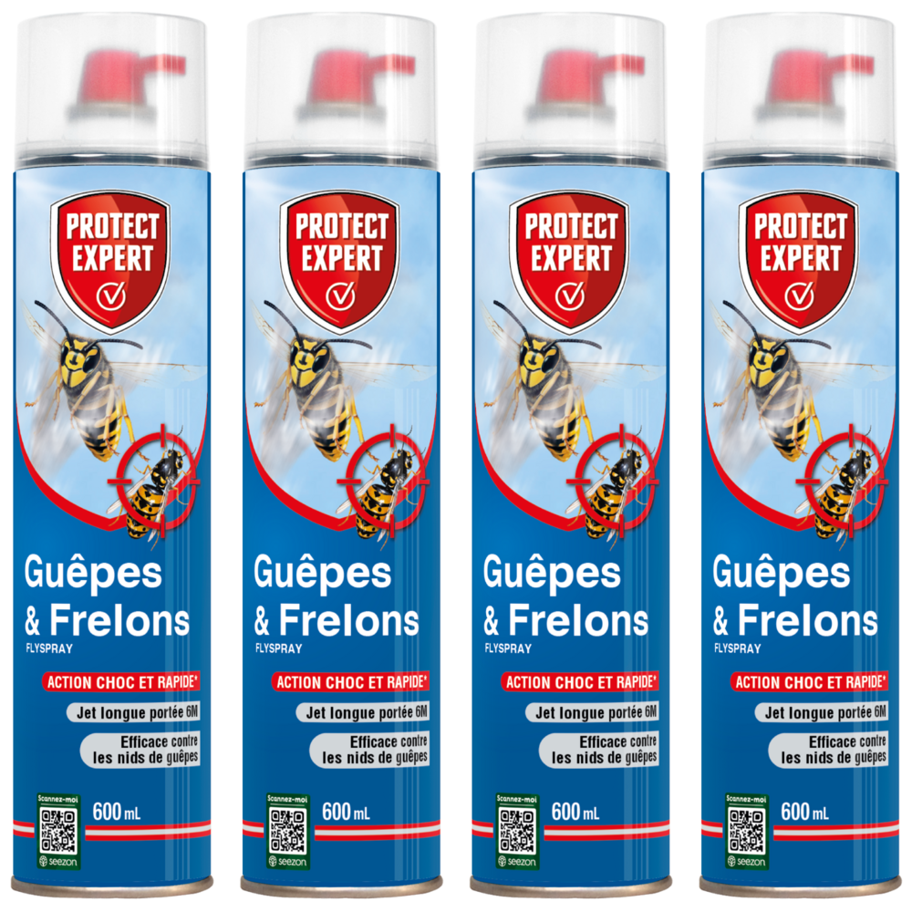 Protect Expert anti-guêpes & frelons – 4x600ml, jet 6m, action foudroyante, efficace sur nids, fabriqué en France
